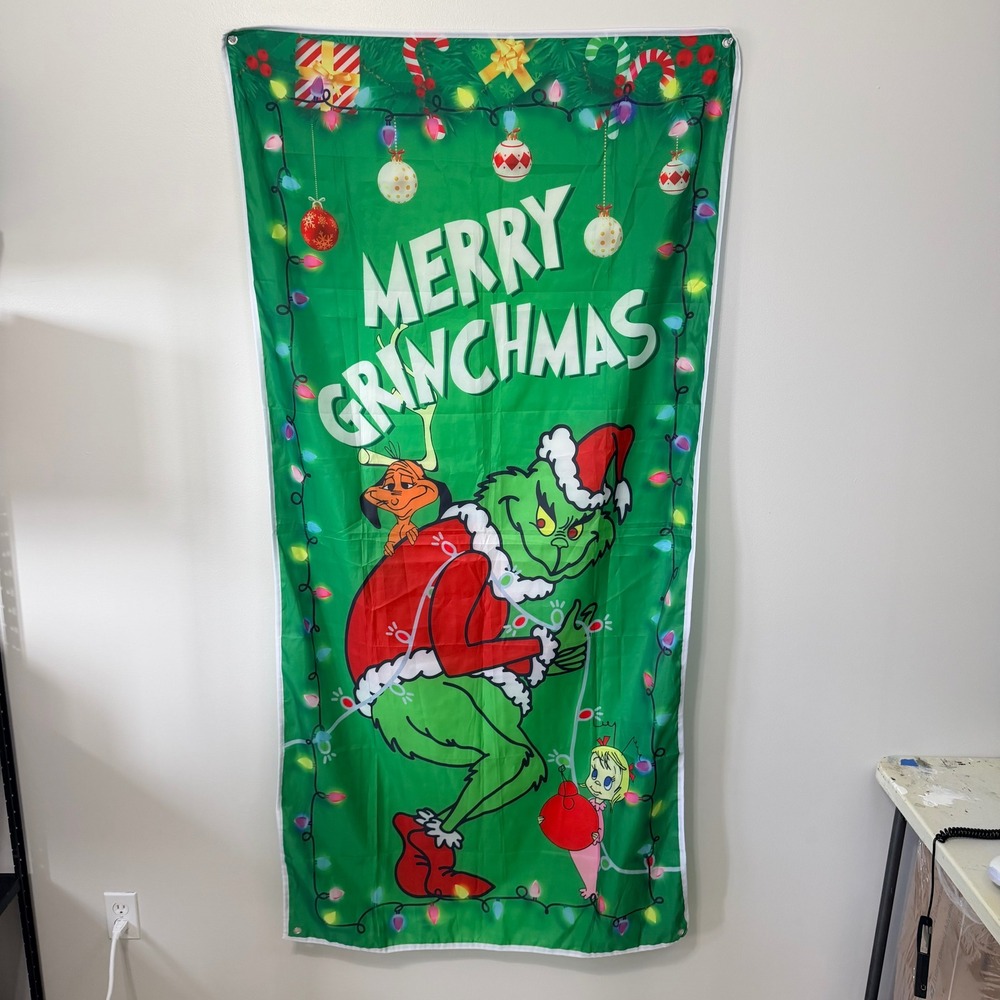 Merry Grinchmas Christmas Wall Banner Green Holiday Decor with Grommets 35"x70"
